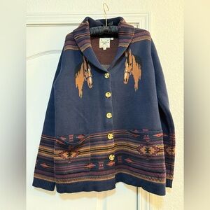 Navy Western Horse Pattern Cardigan Sweater